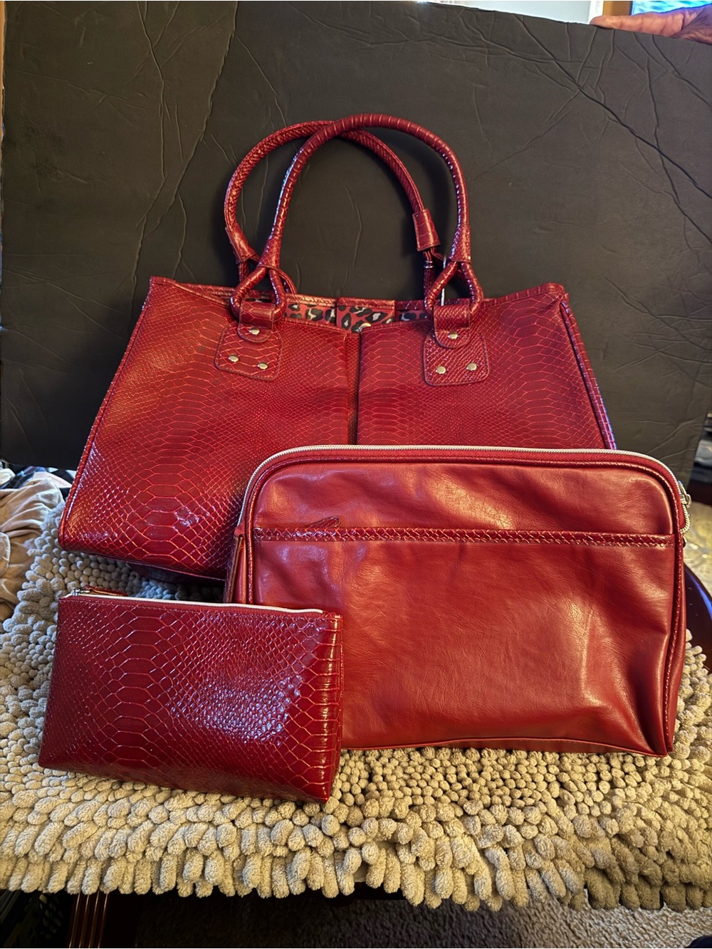 Women's Red Triple Tote Set - Structured Tote, Zip Pouch, and Wallet